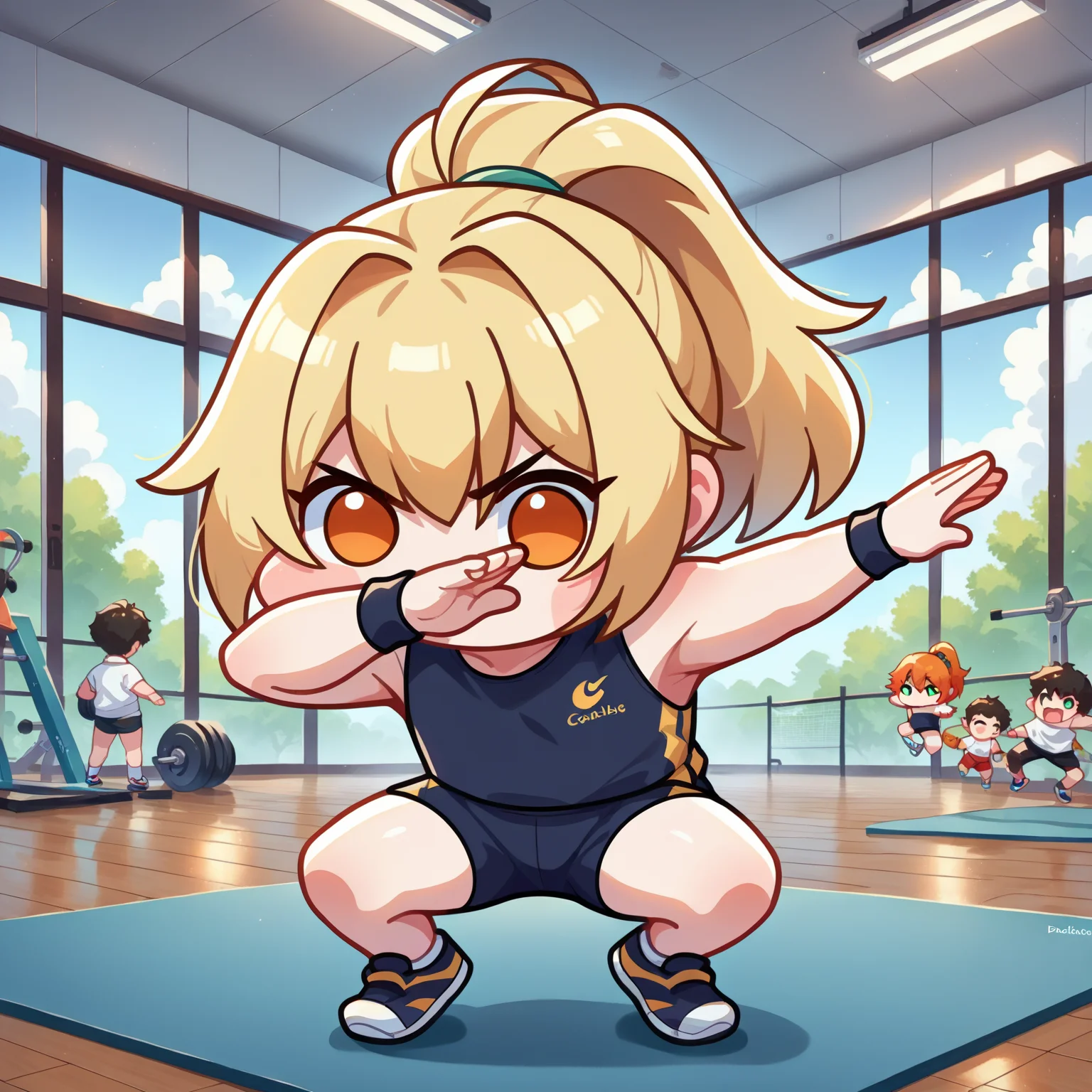 score_9, score_8_up,score_7_up, source_anime,
<lora:EPdab:1.2>, epdabbing,
outstretched arm, squatting,
doro, creature, chibi, no pupils, white skin, <lora:Doro_X_PDXL_V1:0.75>, solid circle eyes, high ponytail,
sportswear, indoors, gym