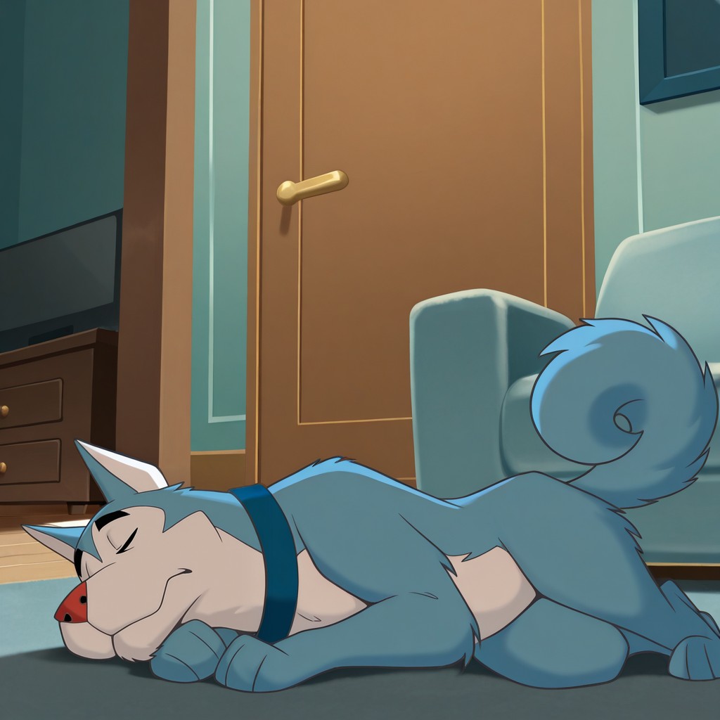 masterpiece, best quality, amazing quality, tuskyhusky, male, furry male, solo, dog, feral, blue fur, white fur, two-tone fur, black eyes, red nose, tail,  blue collar, on floor, laying on side, closed eyes, sleeping, indoors, living room