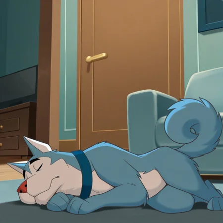 masterpiece, best quality, amazing quality, tuskyhusky, male, furry male, solo, dog, feral, blue fur, white fur, two-tone fur, black eyes, red nose, tail,  blue collar, on floor, laying on side, closed eyes, sleeping, indoors, living room