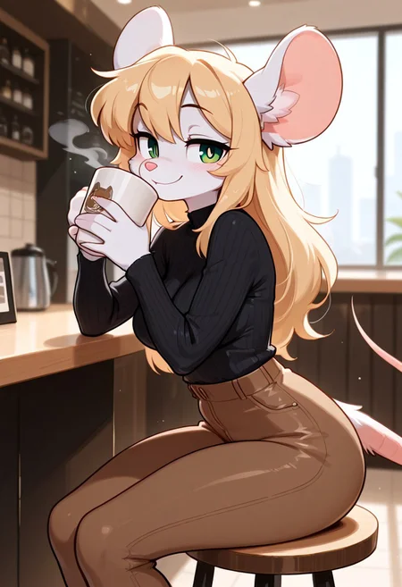 dynamic pose, pinup, masterpiece, best quality, amazing quality,
1girl, solo, (((Chloe)),long hair,blonde hair,animal ears,green eyes,furry female,mouse ears,mouse girl,mouse tail,body fur,white fur,bangs,animal nose),
medium breasts, flirty smile, sitting in a cafe, nice clothes, fancy clothes, detailed clothes, pantsuit, detailed background, drinking coffee, 
fur, fluffy, tuft, detailed fur, body fur, megafluffy, furry,