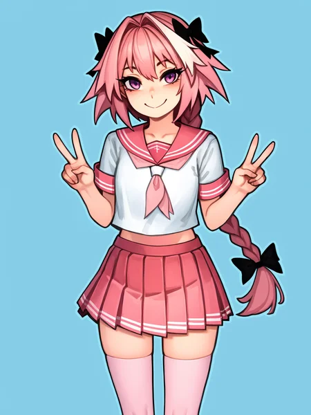 score_9, score_8_up, score_7_up, score_6_up, score_5_up, score_4_up, rating_safe
BREAK
astolfo \(fate\), otoko no ko, pink hair, braid,
BREAK
solo, standing, pink serafuku, white shirt, pink thighhighs, pink skirt, peace sign,
BREAK
white background, <lora:Lunas-KelvinHiu-SDXL-A1:1>