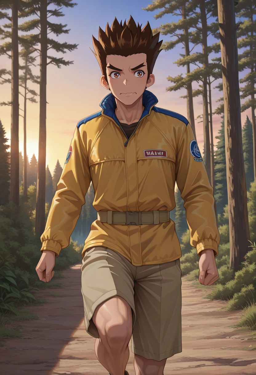 masterpiece, best quality, , semi-realistic, , 1boy, solo, male focus, <lora:taiju_ooki_ilxl:0.9>, taiju_ooki, brown hair, brown eyes, short hair, spiked hair, rule of thirds, forest, dawn, standing on one leg, wavy mouth, closed mouth, Black Pleated khaki shorts, Windbreaker, , , and