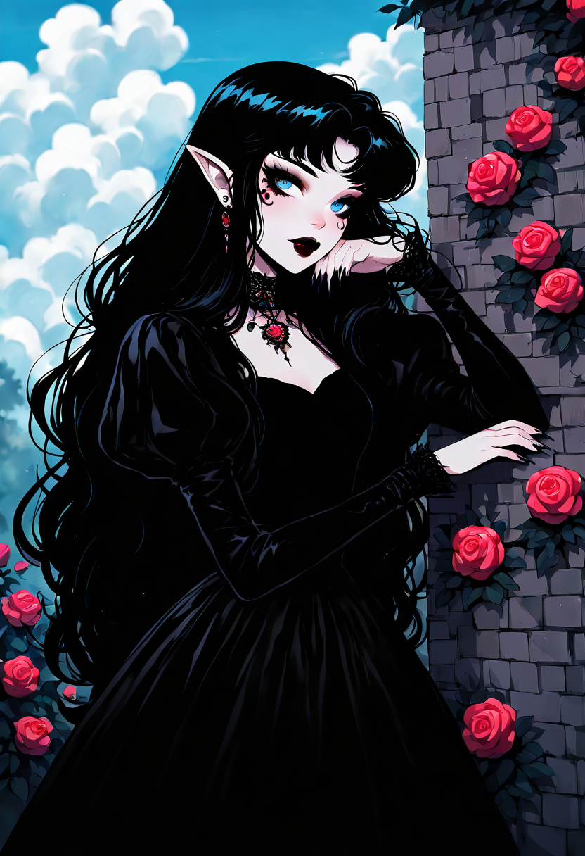 (masterpiece, best quality, good quality, very aesthetic, absurdres),    1girl, solo, eyelashes, (beautiful eyes),   1girl, solo, long hair, looking at viewer, bangs, blue eyes, black hair, long sleeves, dress, flower, outdoors, sky, choker, day, pointy ears, puffy sleeves, cloud, nail polish, black dress, fingernails, rose, wavy hair, lipstick, juliet sleeves, red flower, black nails, long fingernails, head rest, red rose, sharp fingernails, red lips, wall, brick wall, long hair, looking at viewer, blue eyes, black hair, long sleeves, pointy ears, puffy sleeves, nail polish, black dress, blue sky, wavy hair, juliet sleeves, red flower, black nails, long fingernails, head rest, sharp fingernails, red lips, brick wall  ,<lora:GothRetroNAI:0.8>,