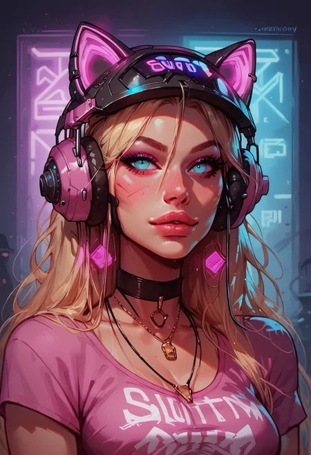 score_9, score_8_up, score_8_up, 1girl, gamer girl, pink T-shirt, blonde hair, (headphones with cat ears), virtual reality helmet,(oculus rift), sexy, nsfw,  neon lights, g0thicPXL, close-up Portrait