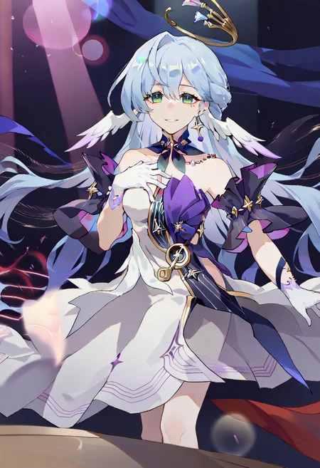 score_9, score_7_up, source_anime, BREAK solo,  <lora:Char-HonkaiSR-Robin-Pony-V1:0.9> robin \(honkai: star rail\), head wings, halo, earrings, detached collar, sleeveless dress, detached sleeves, white gloves, blue pumps, light smile, (hand on own chest:1.2), outstretched arm, stage, spotlight,   <lora:Taiki Dendro:1> taiki, art,