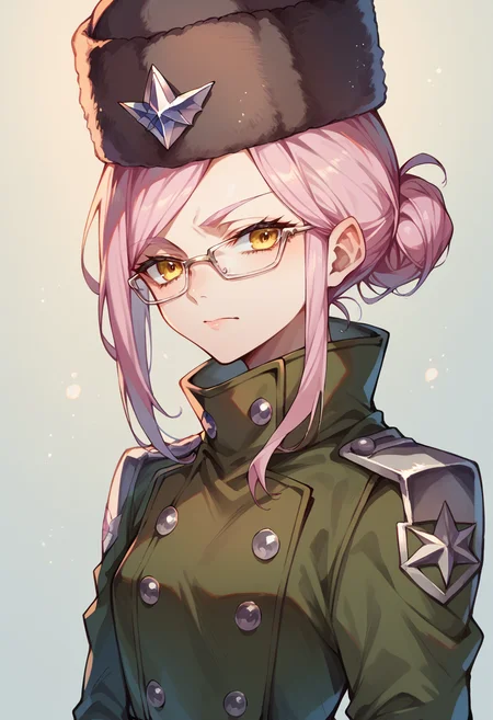 score_9, score_8_up, score_7_up, buttons, fur trim hat, glasses, hair bun, koyancomrade, long sleeves, military coat, pink hair, sidelocks, yellow eyes, human ears <lora:koyan-16:1>,
