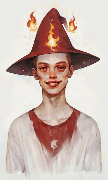 score_9, score_8_up, score_7_up, score_6_up, score_5_up, score_4_up, xhxix style, white background, 1boy, solo, red attire, smug face, looking at viewer, red and orange flames, ornaments, magic hat