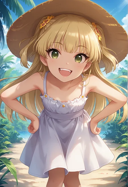score_9, score_7_up,BREAK hd, (ultra hd quality details),best quality,masterpiece,source_anime      <lora:JogasakiRika_pony_v1:1> jgskrk, petite, long hair, blonde hair, two side up, bangs, hair ornament, green eyes,  small breasts,sundress,sunhat,teeth smile,open mouth,front view,leaning forward,hands on hips,