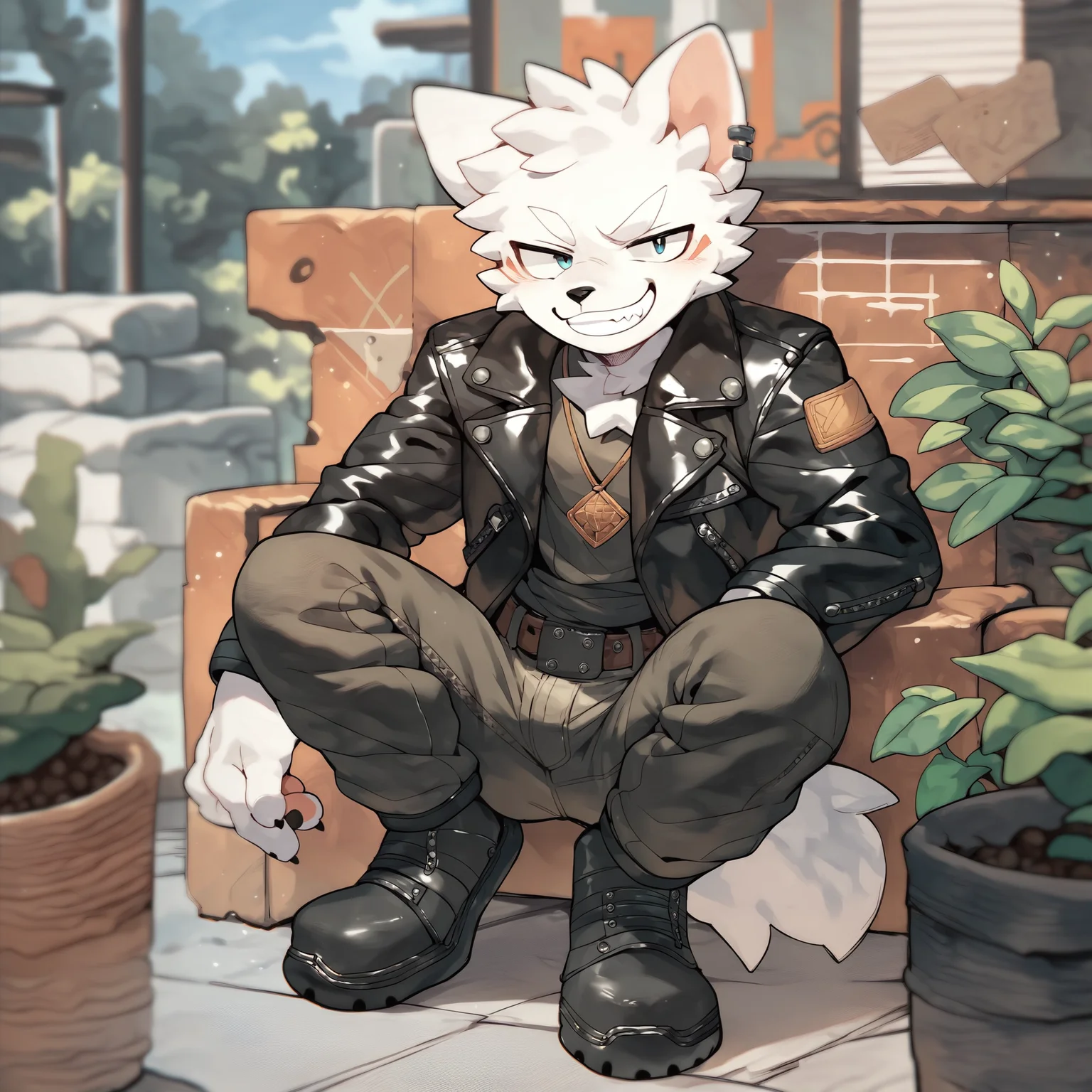 <lora:BoykisserSDXL-V2:0.95>, score_9,score_8_up,score_7_up,score_6_up,score_5_up,score_4_up, solo anthro furry, boykisserfur, male, white fur, white ears, grin, smug, leather jacket, cargo pants, full body, black nose, clean art
break