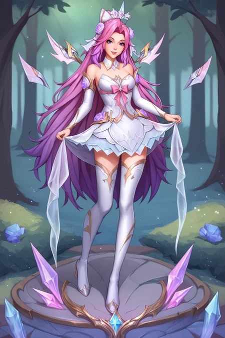 score_9, score_8_up, score_7_up, score_6_up, BREAK, SeraphineCRLoLXL, purple eyes, pink hair, purple hair, multicolored hair, long hair, parted bangs, hair flower, hair ornament, crystal crown, medium breasts, floating object, detached collar, bare shoulders, white dress, dress ornament, pink bow, detached slevees, white skirt, white thigh boots, high hells, solo, full body, standing, seductive smile, looking at viewer, forest, tree <lora:SeraphineCRLoLXL:0.8>