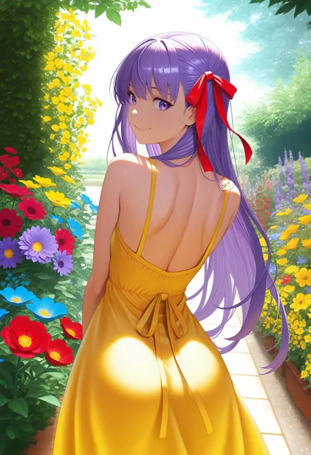 masterpiece, best quality, 1girl, solo, from behind, BBFate, purple eyes, long hair, purple hair, hair ribbon, red ribbon, yellow sundress, garden, day, sunshine, smile, looking back, shoulder blades, flowers, colorful, blue flower, red flower, yellow flower, purple flower, <lora:ChamBBNoob:1>