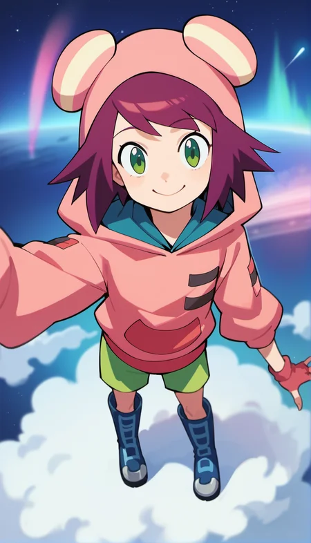 score_9,score_8_up,score_7_up,
<lora:soniastrumm:0.8>,
misorahibiki,
(realistic:1.1),highres,
1girl,solo,
purple hair,short hair,bangs,
green eyes,looking at viewer,
smile,
bear ears hooded hat,pink sweatshirt,
long fingerless gloves,
green shorts,
blue boots,
full body,from above,upper air,face focus,
blurry background,outdoors,night,starry background,shooting star,starry night,bloom,light particles,lens flare,cloud,lens flare abuse,planet,cityscape,aurora,meteor shower,