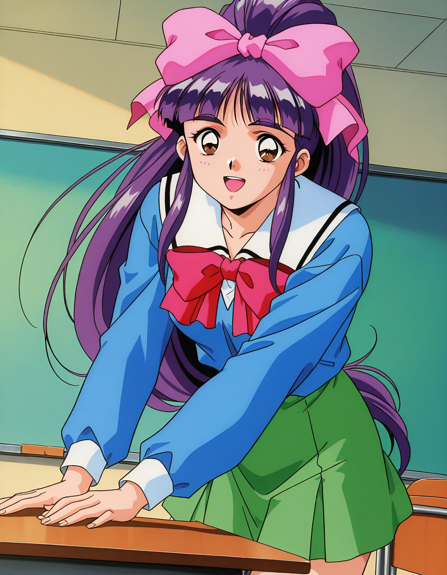 general,highres, ultra-detailed,very aesthetic,best quality ,best hands,  BREAK <lora:Midou_Miko_IS:1> Midou_Miko, 1girl,solo, pink bow, purple hair, long hair,hair ribbon, brown eyes, ponytail, bangs, 1990s (style), anime coloring,
 bow, light green skirt, blue school uniform, smile, 1990s (style), open mouth, long sleeves,  red bow,
class room,