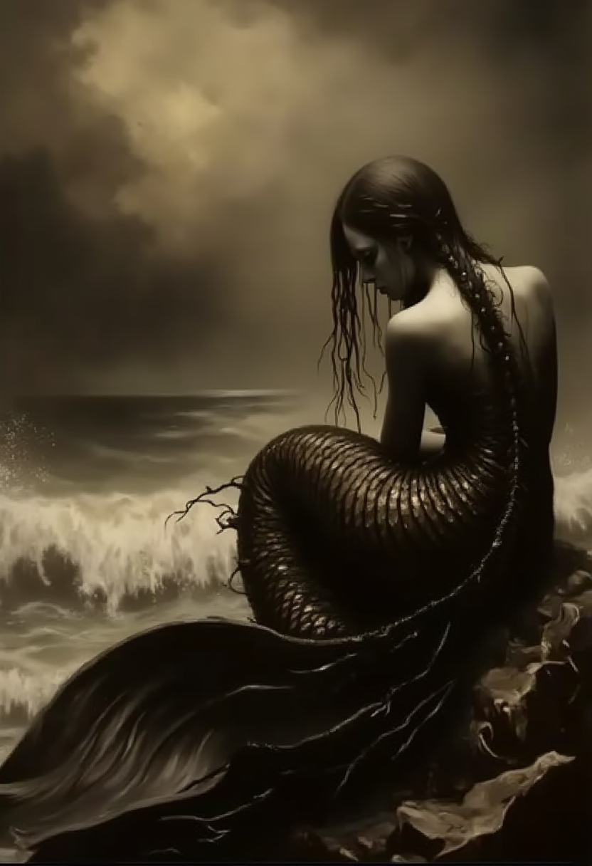 a vicgoth sepia toned photograph, The image is a digital painting with a dark, moody atmosphere, depicting a mermaid figure sitting on a rocky shore by the sea. The mermaid, with a long, flowing tail covered in shimmering, dark scales, sits with her head bowed, looking melancholic and introspective. Her long, wet, dark hair cascades down her back, blending with the seaweed-like tendrils that adorn her tail. The mermaid's skin is pale, almost ghostly, adding to the somber mood. The background features a stormy, misty sky with dark, ominous clouds, suggesting a tumultuous sea. Waves crash against the shore, creating a sense of movement and energy., <lora:victorian-gothic_v30:1>