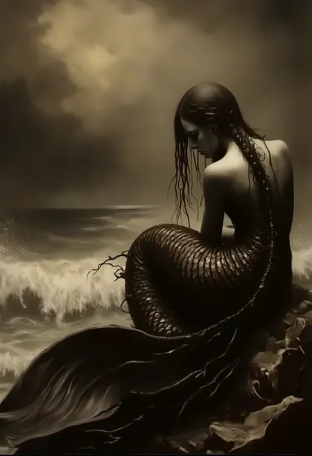 a vicgoth sepia toned photograph, The image is a digital painting with a dark, moody atmosphere, depicting a mermaid figure sitting on a rocky shore by the sea. The mermaid, with a long, flowing tail covered in shimmering, dark scales, sits with her head bowed, looking melancholic and introspective. Her long, wet, dark hair cascades down her back, blending with the seaweed-like tendrils that adorn her tail. The mermaid's skin is pale, almost ghostly, adding to the somber mood. The background features a stormy, misty sky with dark, ominous clouds, suggesting a tumultuous sea. Waves crash against the shore, creating a sense of movement and energy., <lora:victorian-gothic_v30:1>