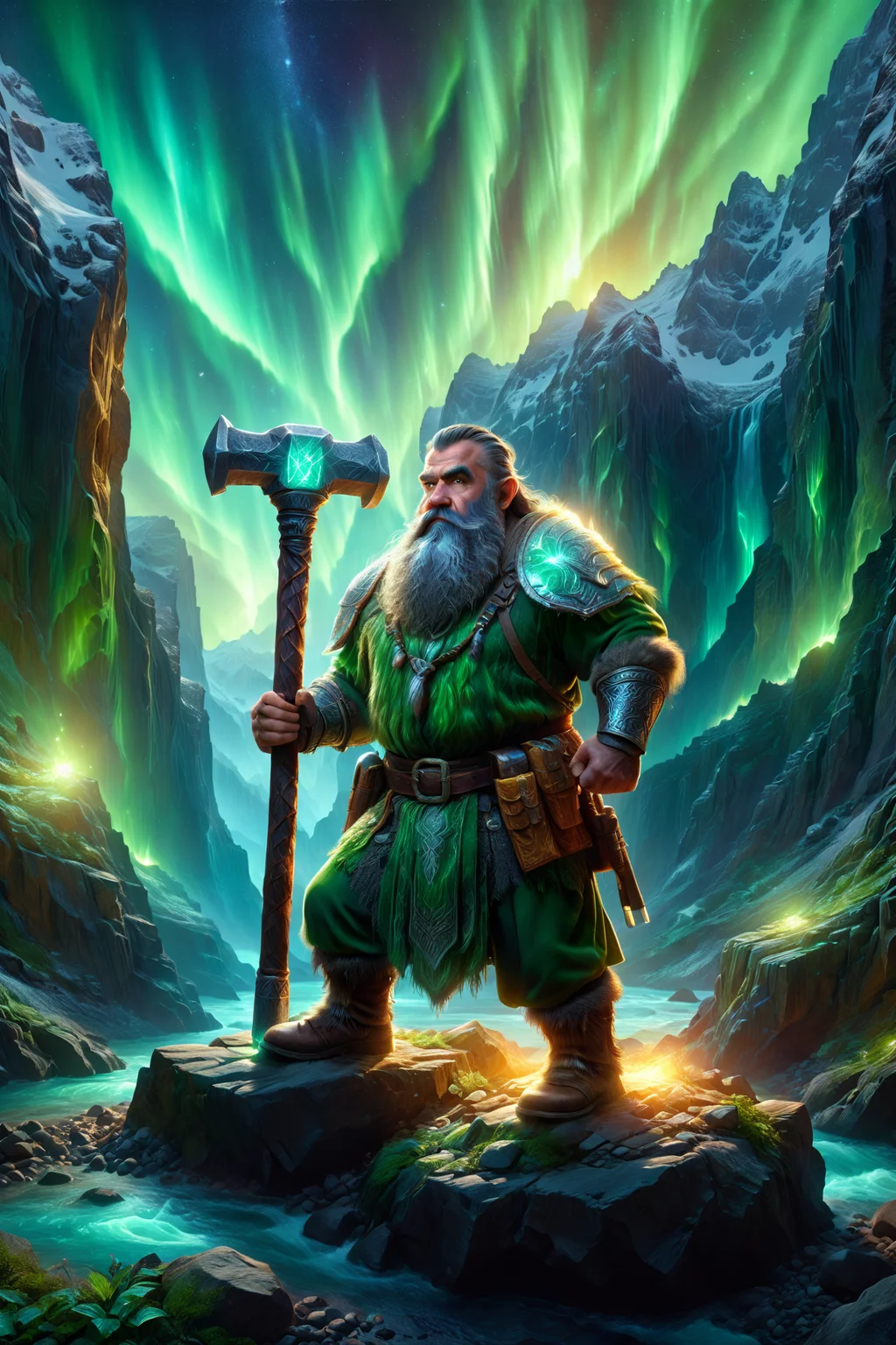 rugged dwarf with glowing hammer, morph-aurora, canyon ravine with rocky cliffs, detailed background, best quality, vibrant colors, photorealistic style, high detail, hyper-realistic, highres, 4K resolution, realistic photo, masterpiece, ultra-detailed, ethereal light, greens and golds, ethereal glow, overhead shot, <lora:add-detail-xl:1> <lora:aurora_0_100_V1-000009:0.65>