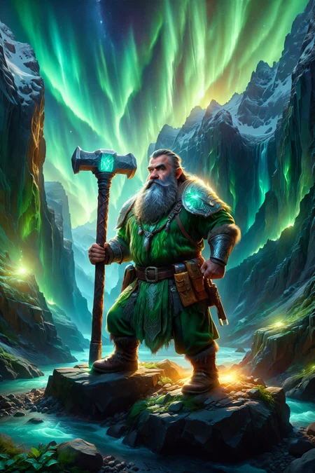 rugged dwarf with glowing hammer, morph-aurora, canyon ravine with rocky cliffs, detailed background, best quality, vibrant colors, photorealistic style, high detail, hyper-realistic, highres, 4K resolution, realistic photo, masterpiece, ultra-detailed, ethereal light, greens and golds, ethereal glow, overhead shot, <lora:add-detail-xl:1> <lora:aurora_0_100_V1-000009:0.65>