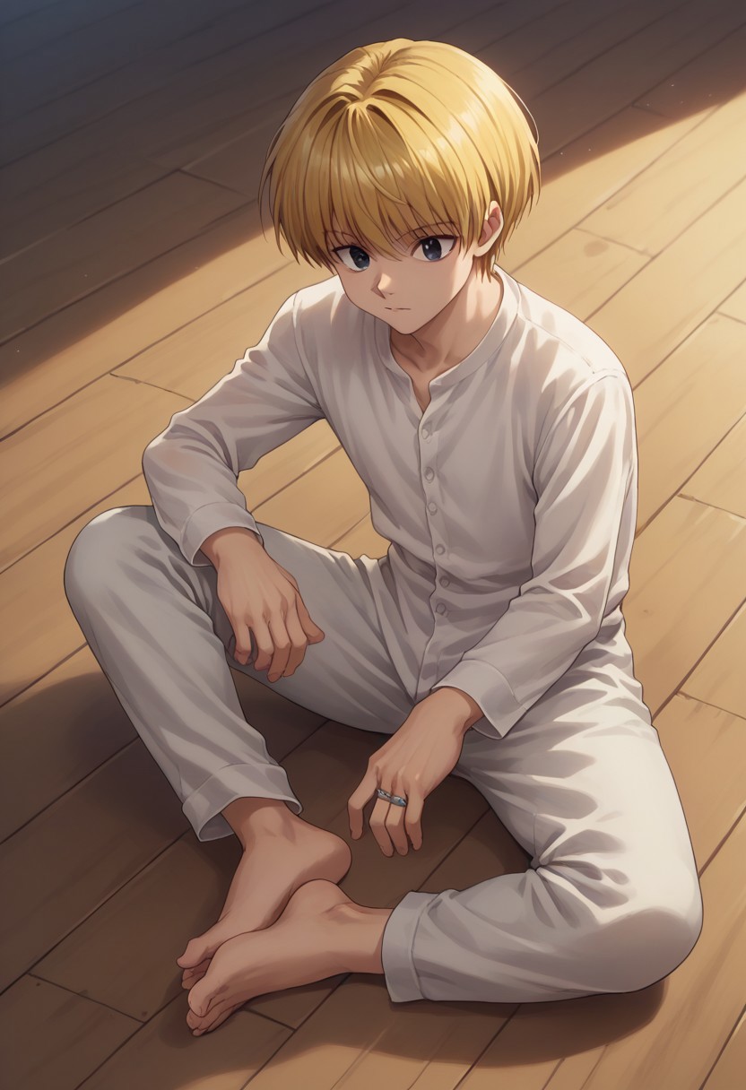score_9, score_8_up, score_7_up, source_anime, highly detailed, 
kurapika, 1boy, male focus, solo, blonde hair, short hair, bangs, black eyes, shirt, white shirt, long sleeves, pants, white pants, barefoot, jewelry, rings,
indoor, wooden floor, sit,