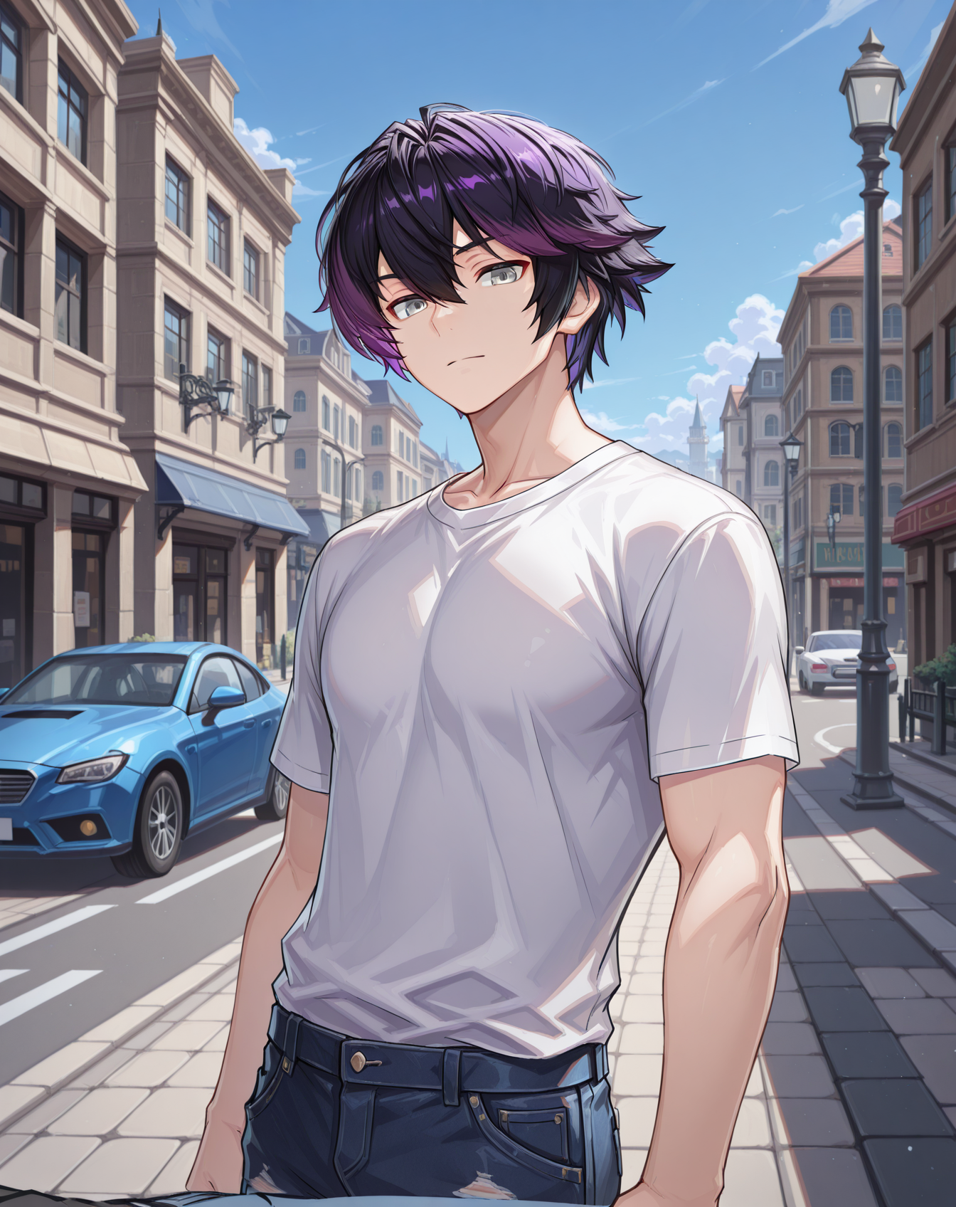 masterpiece,best quality,amazing quality, newest, very aesthetic, absurdres,
1boy, solo, yaoi, male focus, looking at viewer, cowboy shot, standing,
<lora:Sieghart_T_Default_ilxl:1> siegtdefault, black hair, multicolored hair, purple hair,hair between eyes, short hair, two-tone hair, grey eyes,
white shirt, jeans, sneakers,
outdoors, day, blue sky, building, street, road, lamppost, car,