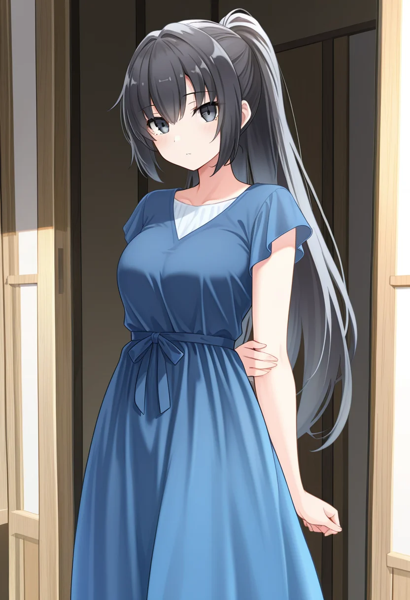 1girl, oregairumiagup, black hair, very long hair, ponytail, black eyes, blue dress, looking at viewer, cute, <lora:RumiHighSchool_ill_v2:1>, masterpiece, best quality, high quality, detailed, absurdres