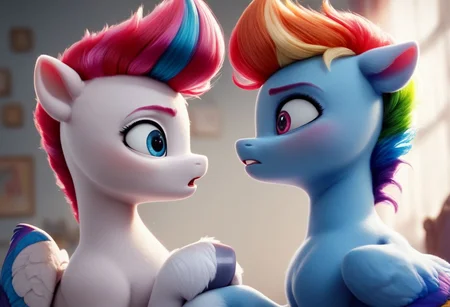 score_9,score_8_up,score_8,duo,zipp storm surprised to rainbow dash,<lora:Pony_MLP_v1:1>,furry,they look into each other's eyes,side view,one to the right and one to the left,pony1:blue,pony2:white,