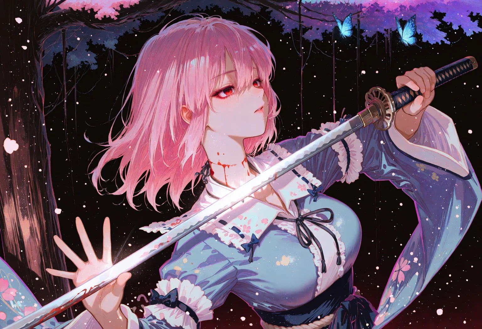 safe_pos, masterpiece, best quality, very aesthetic, absurdres,
saigyouji yuyuko, 1girl, solo, red eyes, pink hair, long hair, medium large breasts, younger,
simple blue kimono, long sleeves, wide sleeves, sash, ribbon, upper body,
silver katana, (detailed katana:1.2), holding a (very long:1.2) katana, (katana edge in front of own neck:1.2), bleeding neck, suicide, blood on blade, blue butterfly on blade,
correct fingers, dynamic pose, beautiful eyes, detailed eyes, no expression, (sorrow:1.2), (grief:1.2), lipbite, serious, wide-open eyes
outdoor, very dark background, (floating cherry blossom in air:1.2)
tree focus,
under a dead tree with (giant huge:1.5) trunk,  trunk wrapped with a shimenawa rope,
pastel colors, gradient color, soft fill light, (ambient light), (dynamic light), vivid colors, high contrast, 
raytracing, volumetric lighting, (light particles:1.2), (floating particle light:1.2), gradient color,
shinny, glitter,
atnr style,
((4k,8k,Ultra HD)),((Masterpiece :1.3)),((Best quality :1.3)),((Detailed :1.5)), ((Detailed eyes:1.5))