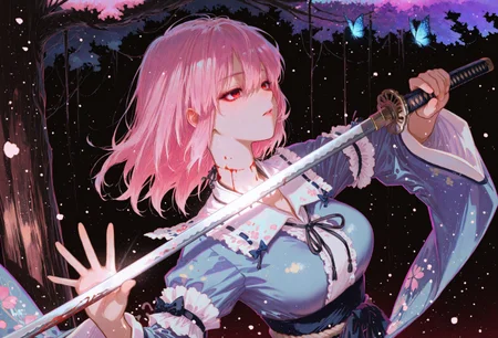 safe_pos, masterpiece, best quality, very aesthetic, absurdres,
saigyouji yuyuko, 1girl, solo, red eyes, pink hair, long hair, medium large breasts, younger,
simple blue kimono, long sleeves, wide sleeves, sash, ribbon, upper body,
silver katana, (detailed katana:1.2), holding a (very long:1.2) katana, (katana edge in front of own neck:1.2), bleeding neck, suicide, blood on blade, blue butterfly on blade,
correct fingers, dynamic pose, beautiful eyes, detailed eyes, no expression, (sorrow:1.2), (grief:1.2), lipbite, serious, wide-open eyes
outdoor, very dark background, (floating cherry blossom in air:1.2)
tree focus,
under a dead tree with (giant huge:1.5) trunk,  trunk wrapped with a shimenawa rope,
pastel colors, gradient color, soft fill light, (ambient light), (dynamic light), vivid colors, high contrast, 
raytracing, volumetric lighting, (light particles:1.2), (floating particle light:1.2), gradient color,
shinny, glitter,
atnr style,
((4k,8k,Ultra HD)),((Masterpiece :1.3)),((Best quality :1.3)),((Detailed :1.5)), ((Detailed eyes:1.5))