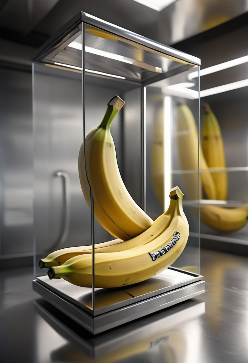 a magnificent floating banana made up of Jed-Steel, inside a glass case, a sex shop interior in the background