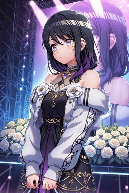 masterpiece, best quality, amazing quality,
<lora:Toka_IL:1> toka, 1girl, solo, mole, black hair, mole under eye, purple eyes, long hair, off shoulder, long sleeves, flower, multicolored hair, bangs, bare shoulders, purple hair, dress, jacket, stage, color lights, stgotf