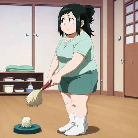 <lora:SlimesInkoMidoriya-000003:1>, slimes_inkomidoriya, woman, solo, chubby, cleaning, living room background