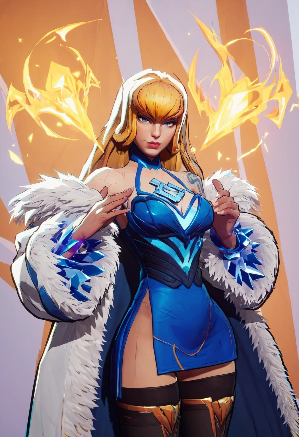 score_9, score_8_up, score_7_up,girl, looking at viewer, naughty face, expressive, armor, blonde long hair, blue eyes, black thighhighs, bare shoulders, tattoo, magic around, blue dress, white fur strim, big coat, cowboy shot, open hands, ice,
,MarvelRivals, <lora:AMarvelRivals_style:1>, cartoon, aura, dutch angle,