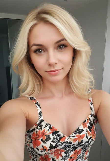 28yo girl, pretty, blonde medium lengh hair printed summer minidress), selfie leaks