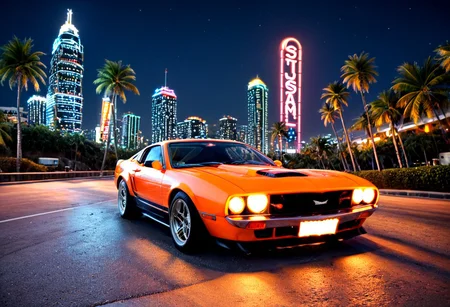 ((ClassicSportsCar )), 80´s sport car,  gleaming orange Ford Mustang Boss, palm trees, seaside, cityscape, night, neon lights, 4K, highly detailed, (((stylish grainy analog 35mm film photo))), ClassicSportsCar