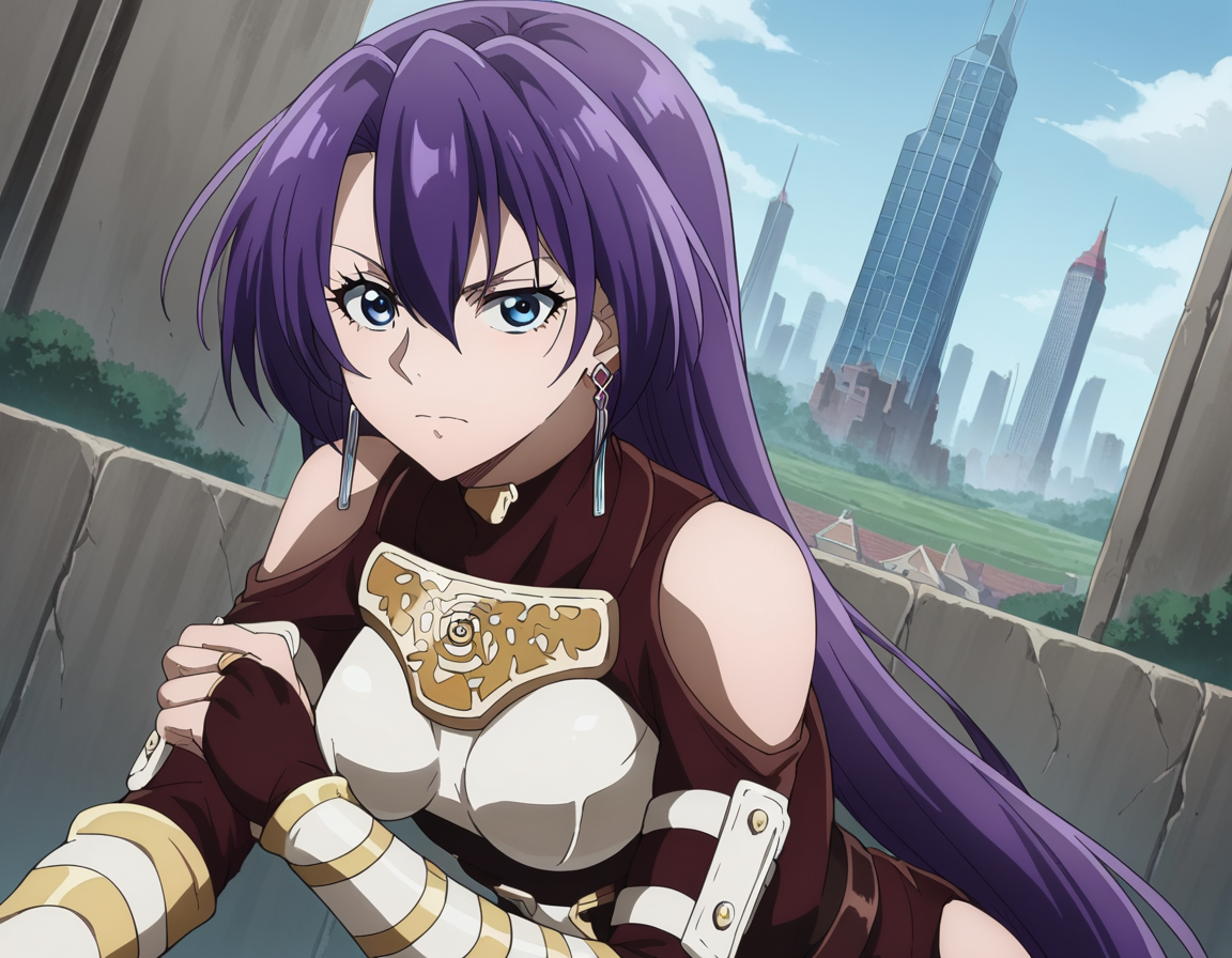 score_9, score_8_up, score_7_up, source_anime,
arthurpencilgon, <lora:arthur-pencilgon-ponyxl-lora-nochekaiser:1>,
arthur pencilgon, long hair, blue eyes, hair between eyes, very long hair, purple hair,
gloves, belt, armor, clothing cutout, breastplate, bare shoulders, earrings,
outdoors, cityscape, bent over,
looking at viewer, dutch angle, cowboy shot,