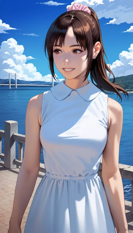 score_9,score_8_up,score_7_up,<lora:miiyamotoHikari:0.8>,
miiyamotohikari,
1girl,solo,black hair,ponytail,bangs,pink scrunchie,brown eyes,sleeveless white dress,white collar,eyes looking forward,grin,medium breasts,upper body,from below,
outdoors,blue sky,sea,cloud,street,railings,distant large bridge,distant mountains,clear blue sky,soft clouds drifting,summer,beautiful landscape,vignetting,blurry background,