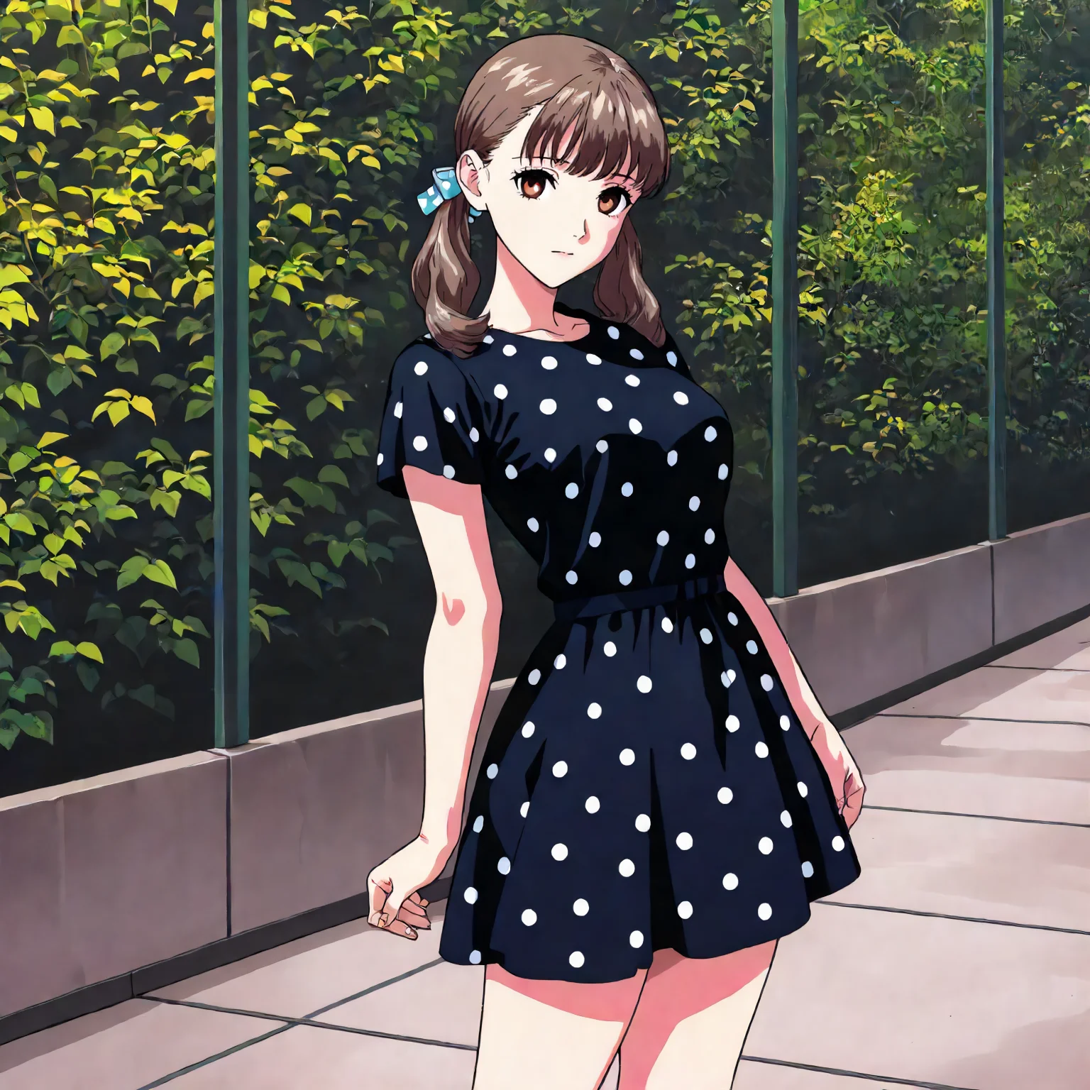 <lora:YS_AyanaFujisawaXLIllustrious004>,
masterpiece,best quality,good quality,newest,
detailed background,
looking at viewer,
solo,
AyanaFujisawa,1girl,brown hair,low twintails,brown eyes,
polka_dot_dress,black dress,
standing,