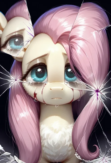 rating_questionable, score_9, score_8_up, score_7_up, pony, feral, fluttershy, reflection, Broken glass, dark theme, moody, bags under eyes, depressed, purple blood, scars, charming eyes, small tears, detailed, realistic, BREAK, zPDXL3, MegaFluffyPony, fluffy, shiny,