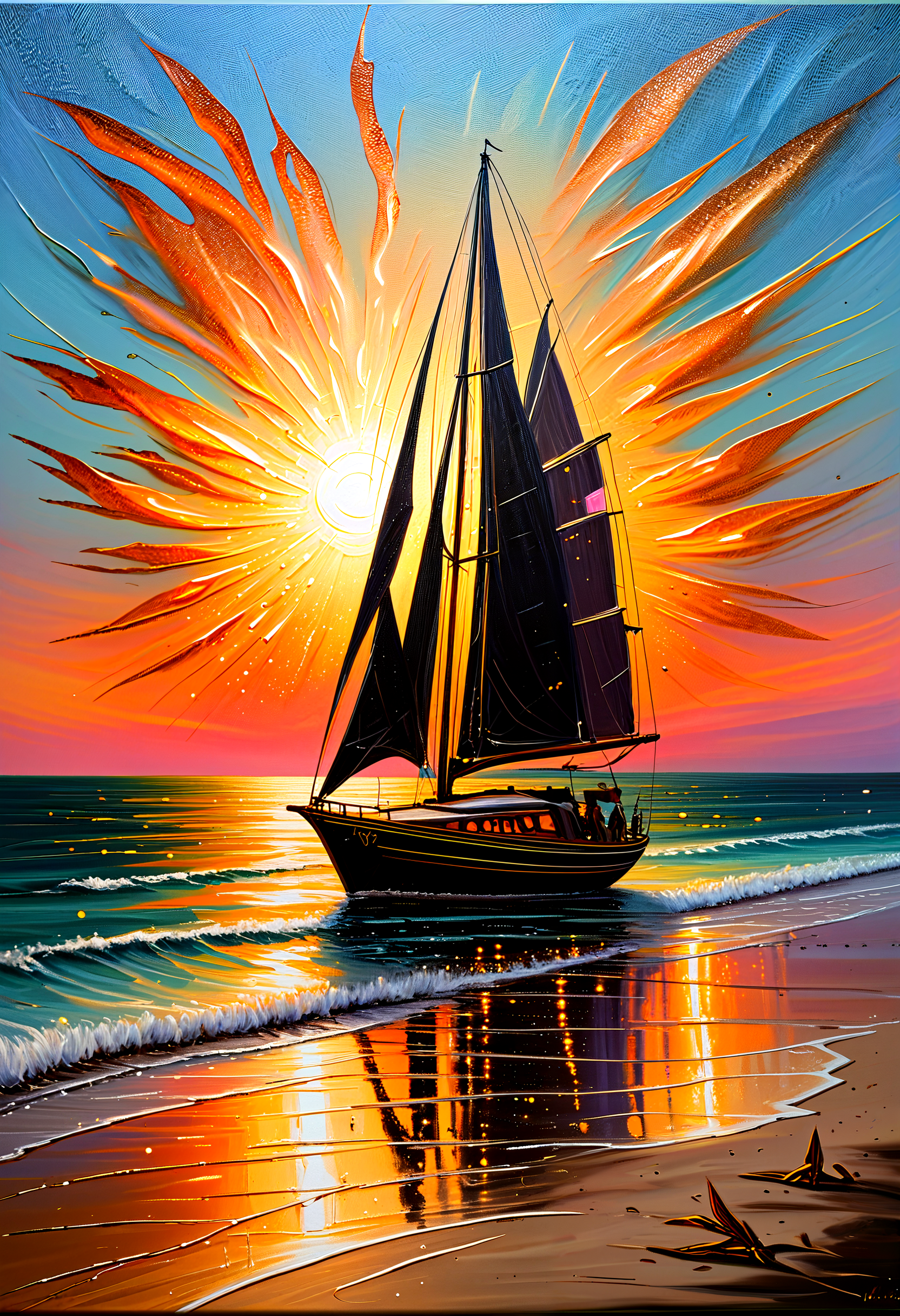 sparkles, Impressionist oil painting on an old canvas, sunset on the beach , yatch on the sea, energetic strokes, black and bronze palette, fine and detailed strokes, Ectoparasitism, Lungs
