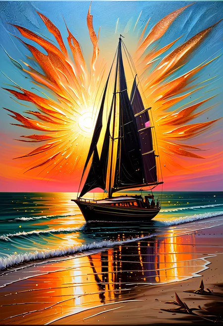 sparkles, Impressionist oil painting on an old canvas, sunset on the beach , yatch on the sea, energetic strokes, black and bronze palette, fine and detailed strokes, Ectoparasitism, Lungs