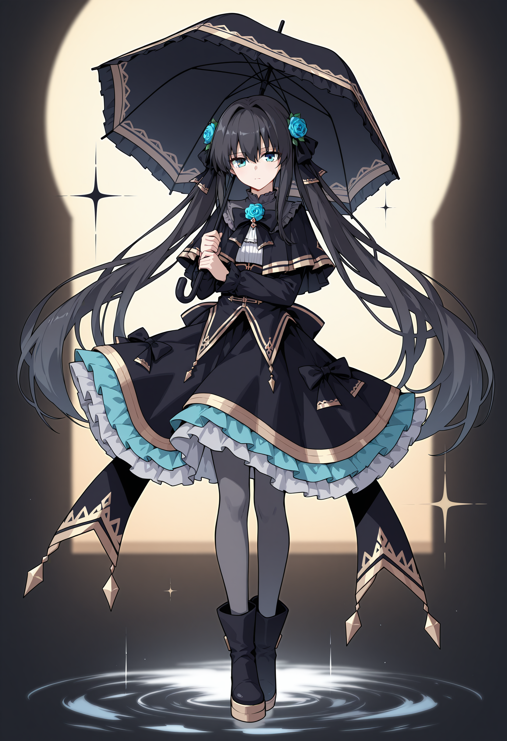 Axium \(Arcaea\),solo,umbrella,long hair,flower,dress,very long hair,holding,bow,pantyhose,black hair,blue flower,black bow,full body,holding umbrella,hair flower,hair ornament,blue rose,rose,boots,black dress,looking at viewer,frills,capelet,long sleeves,frilled dress,grey pantyhose,twintails,black capelet,hair between eyes,sparkle,black footwear,<lora:Axium (Arcaea)_v1.0_illustrious-000018:1>