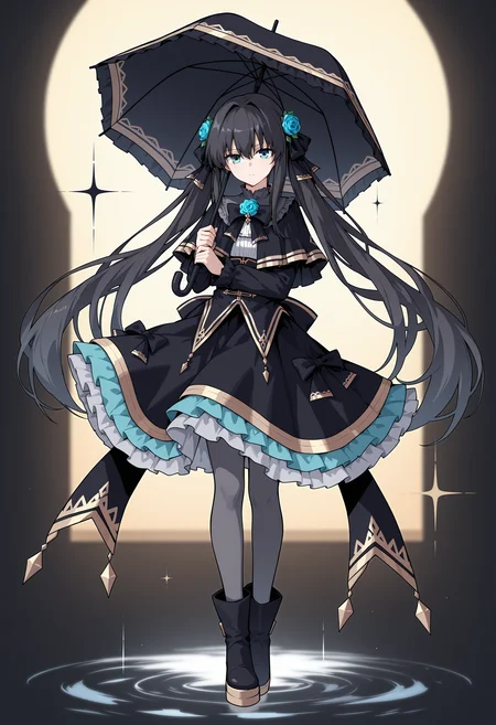 Axium \(Arcaea\),solo,umbrella,long hair,flower,dress,very long hair,holding,bow,pantyhose,black hair,blue flower,black bow,full body,holding umbrella,hair flower,hair ornament,blue rose,rose,boots,black dress,looking at viewer,frills,capelet,long sleeves,frilled dress,grey pantyhose,twintails,black capelet,hair between eyes,sparkle,black footwear,<lora:Axium (Arcaea)_v1.0_illustrious-000018:1>