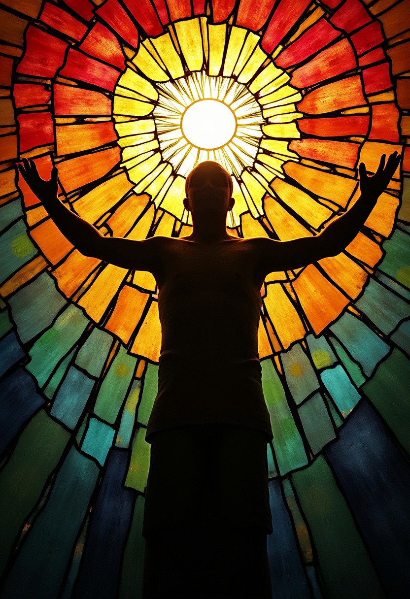 An abstract stained glass of Solaire of Astora praising the sun with both hands outstretched. The backdrop is composed of glass-like panels that transition from warm reds and yellows near the center to calming blues and greens toward the periphery. The shards are separated by metallic outlines, creating a glowing mosaic effect. The subject itself is a stark silhouette, contrasting beautifully against the vibrant, light-filled fragments surrounding it.