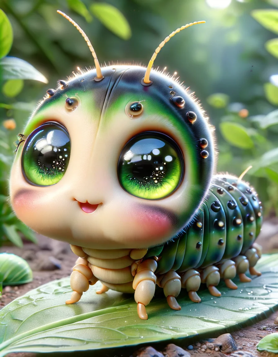 A hyper-realistic, small, and cute chibi-style insect character designed like a caterpillar, the insect has exaggerated large eyes <lora:ral-smolinzect:1> ral-smolinzect