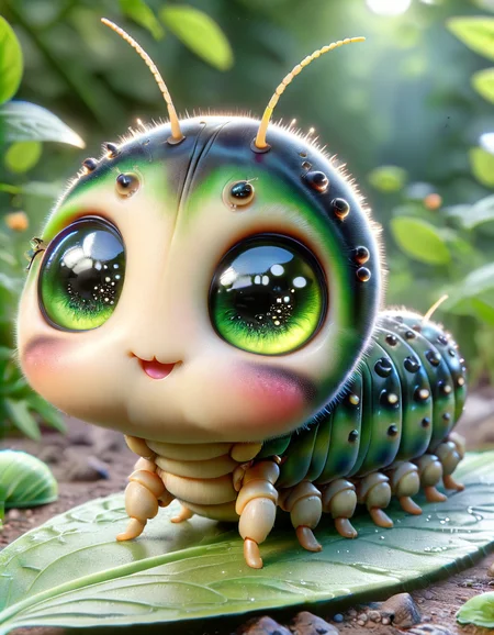 A hyper-realistic, small, and cute chibi-style insect character designed like a caterpillar, the insect has exaggerated large eyes <lora:ral-smolinzect:1> ral-smolinzect
