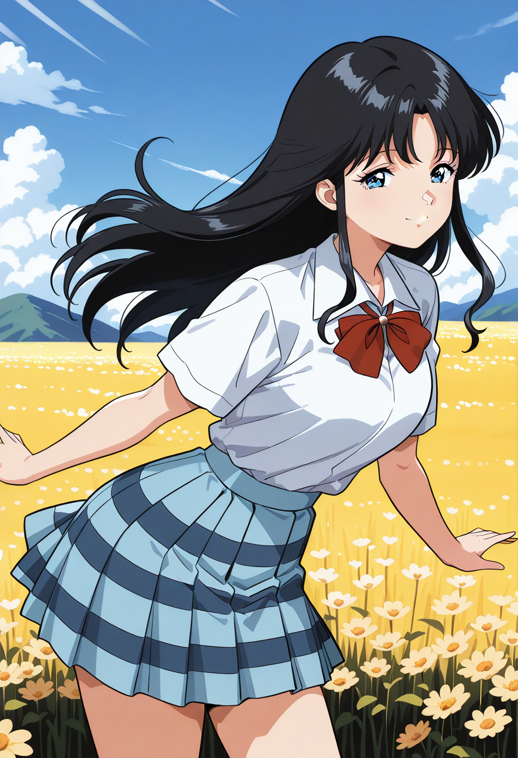 sr5_aya, retro artstyle, blue eyes, black hair, long hair, sidelocks, school uniform, red bowtie, short sleeves, white shirt, collared shirt, blue skirt, plaid skirt, <lora:SR5_aya_illustrious_ver1:0.8> 
light smile,, masterpiece, best quality, general,, 1girl, solo, (field:1.2), (blue sky:1.2), looking at viewer,, (cowboy shot, dynamic pose:1.4),