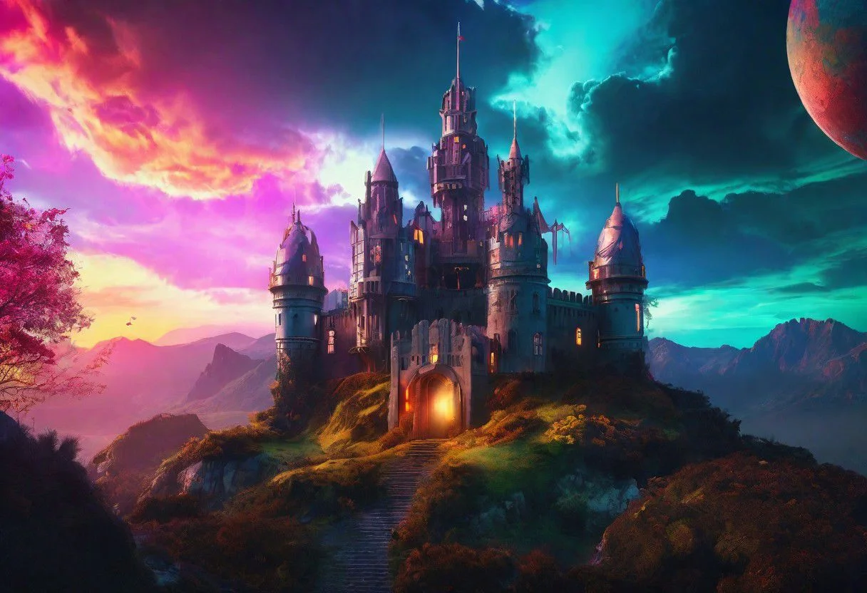 (god castle, 1920s art deco style, fantasy, scifi, colorfull, very beautiful photo, cinematic lighting, 8k concept art) vs (evil castle, ruined haunted style, fantasy, scifi, colorfull, very beautiful photo, cinematic lighting, 8k concept art)