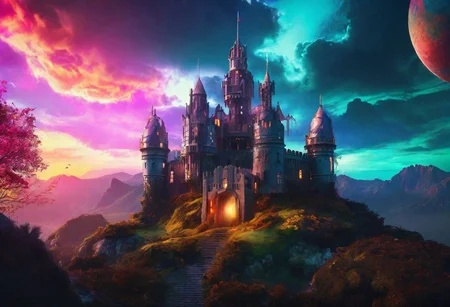 (god castle, 1920s art deco style, fantasy, scifi, colorfull, very beautiful photo, cinematic lighting, 8k concept art) vs (evil castle, ruined haunted style, fantasy, scifi, colorfull, very beautiful photo, cinematic lighting, 8k concept art)