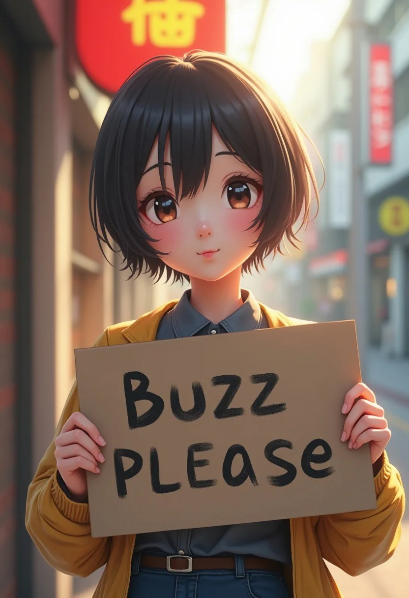 cute short hair japanese woman holding sign "buzz please", hyperrealism ,4k, unreal engine,perfect light