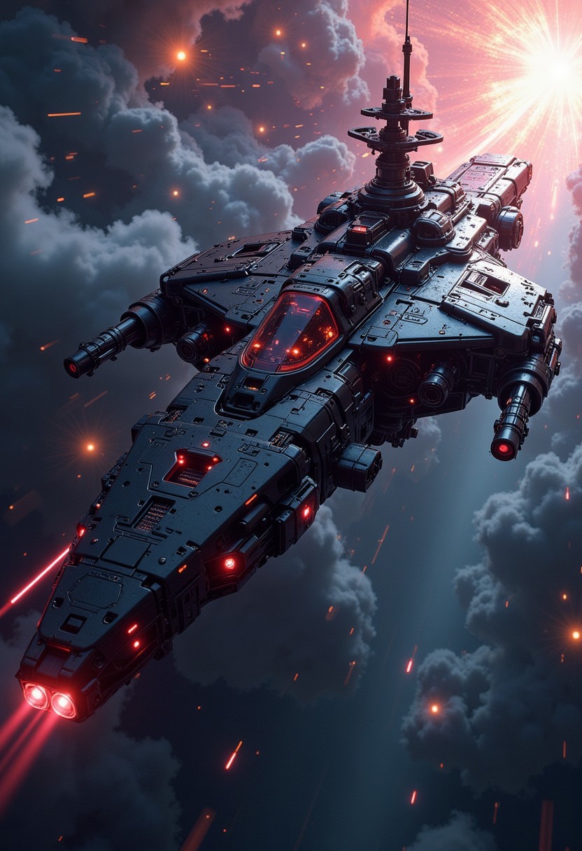 in the style of ck-mgs, A digital artwork in the style of cknc, a_skynet_cyberdyne_craft, the image is featuring a futuristic, highly advanced space cruiser approaching a space nebula, with a fuselage imade of a gleaming dark gunmetal alloy, and the cockpit shows glowing led lights; the cruiser is heavily armoured with laser gun turrets and plasma cannons.