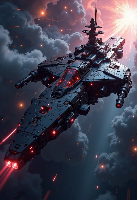 in the style of ck-mgs, A digital artwork in the style of cknc, a_skynet_cyberdyne_craft, the image is featuring a futuristic, highly advanced space cruiser approaching a space nebula, with a fuselage imade of a gleaming dark gunmetal alloy, and the cockpit shows glowing led lights; the cruiser is heavily armoured with laser gun turrets and plasma cannons.